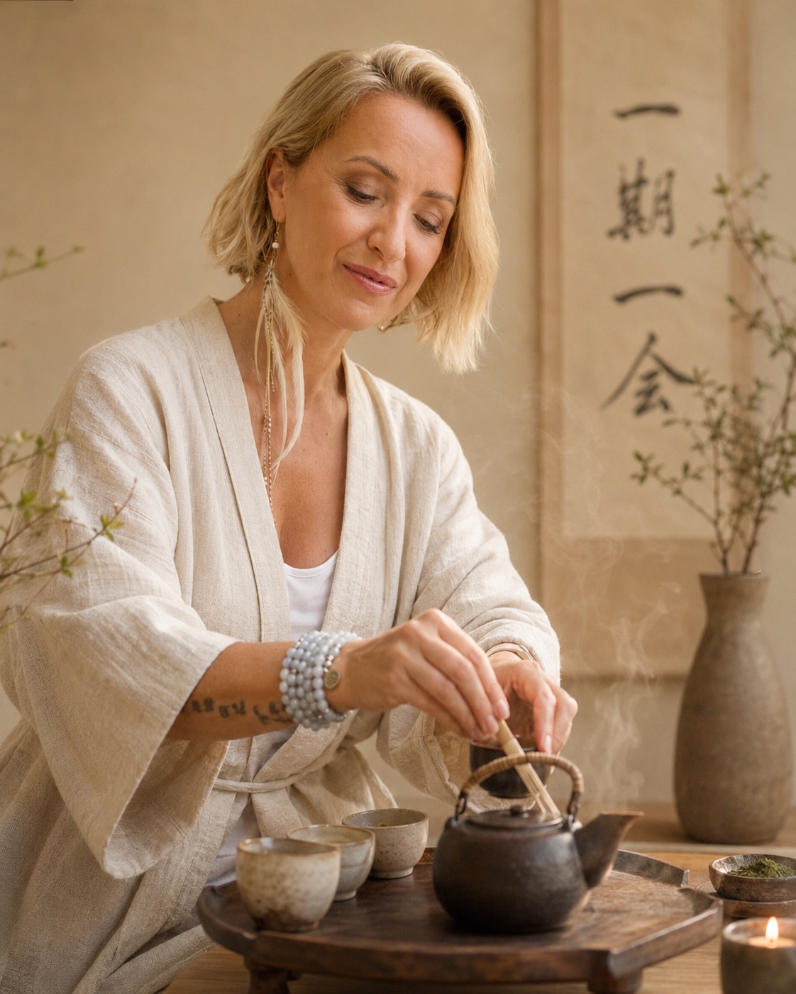 Aneta Różańska podczas uważnego rytuału parzenia herbaty w Atelier d’ARté
